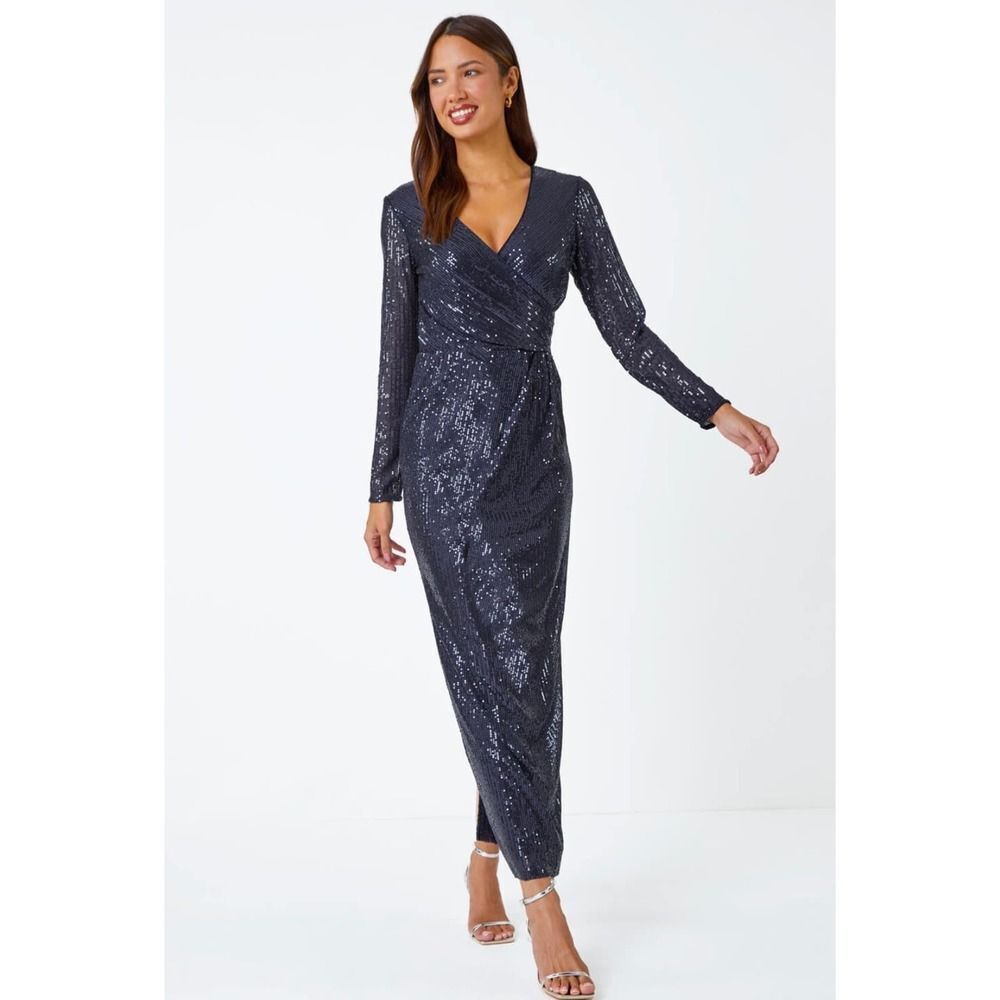 Andre Tan EUC V-neck Long Sequin Lond Dress Side Split Size XS